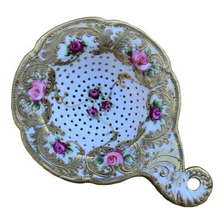 Antique Tea Strainer Handpainted Roses Porcelain For Sale