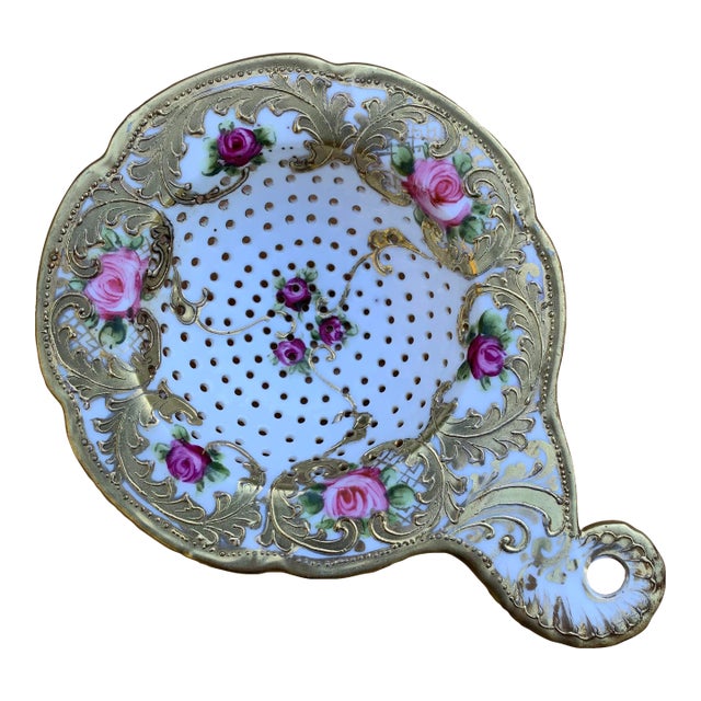Antique Tea Strainer Handpainted Roses Porcelain For Sale