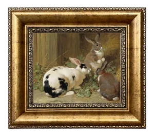 "Three Rabbits" Contemporary Reproduction Print on Canvas, Framed