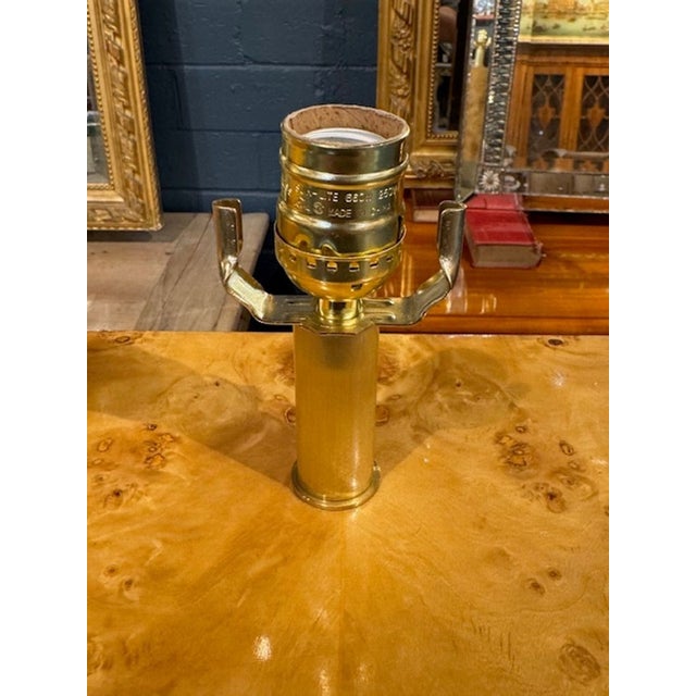 Modern Pair of Blond Burl and Brass Lamps For Sale - Image 3 of 6