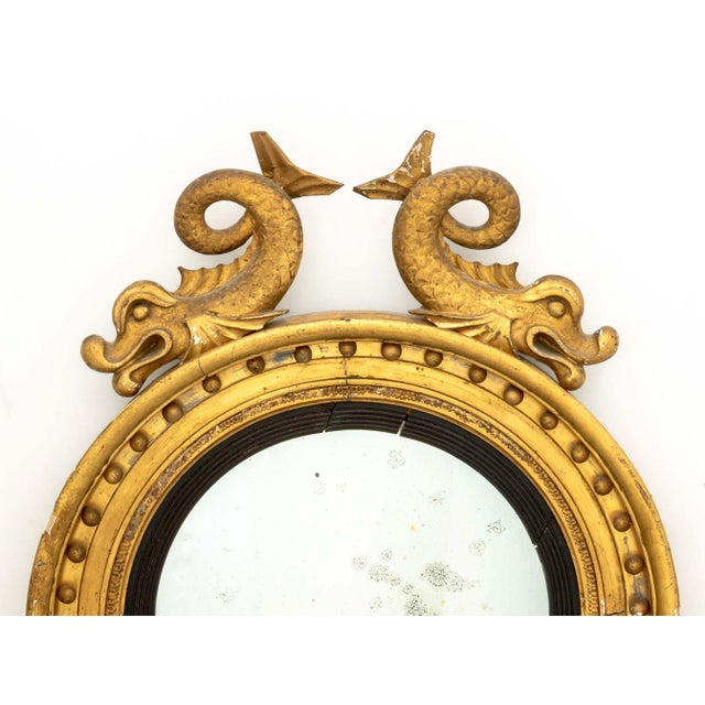 Rococo Style Giltwood Framed Convex Mirror, with circular mirror, the frame with two porpoise crests, scrollwork, and...