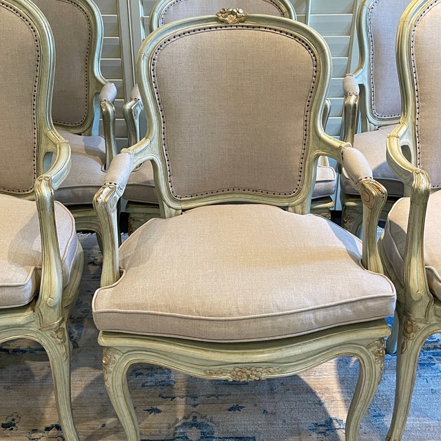 Linen Set of 6 Louis XVI Framed Chairs With New Sunbrella Linen For Sale - Image 8 of 12