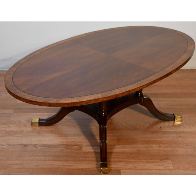 1940s English Regency Style Walnut Banded Satinwood Oval Top Coffee Table For Sale - Image 6 of 14
