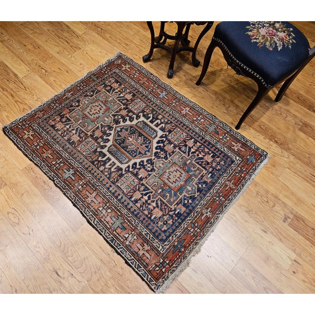 19th Century Persian Heriz Karajeh Rug, Hand-Knotted Wool, Geometric Pattern, Blue & Green, 4x5 For Sale In Chicago - Image 6 of 16