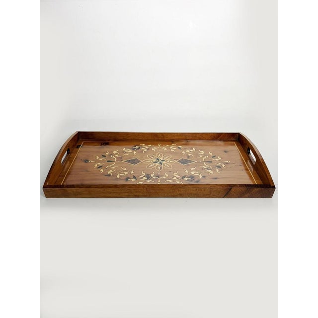 Large marquetry wooden tray in the French provincial style, France, 1950s. This elegant rectangular wooden serving tray...