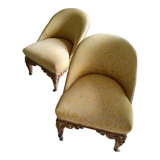 Early 20th Century Gilded Carved Wood Side Chairs With Gold Damask Fabric - a Pair For Sale