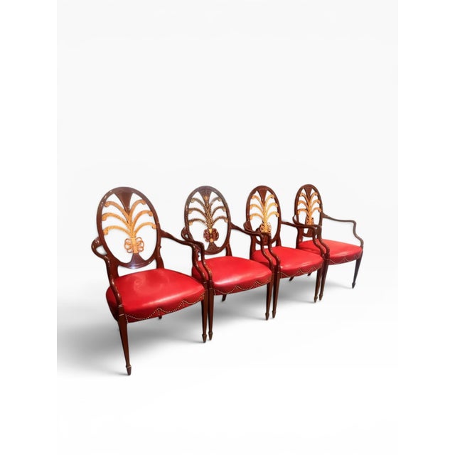 Karges Furniture Red Leather Hepplewhite Plume Dining Chairs- Set of 4 For Sale - Image 10 of 14