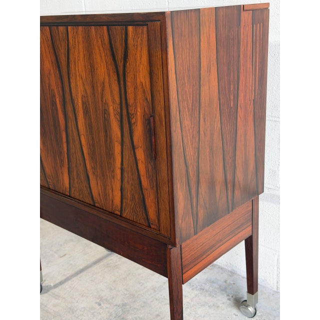 Rosewood Rolling Bar Cart Server Cabinet With Sliding Door Denmark 1960s For Sale - Image 9 of 10