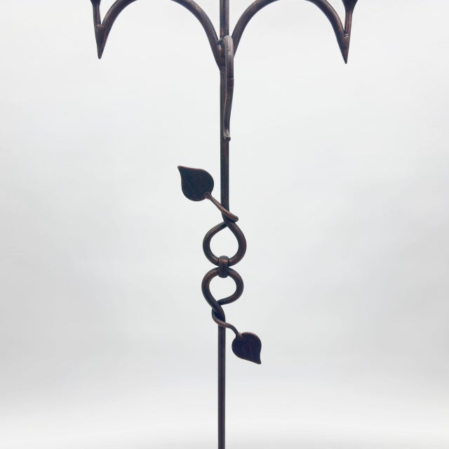 2020s Hand Forged Iron Floor Candelabra 50″ (126cm) Antique Copper Patina 3-Arm Vine & Leaf Detail Rustic Decor For Sale - Image 5 of 7