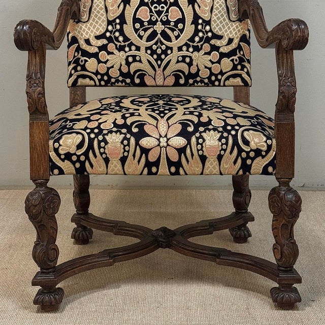 19th Century French Renaissance Revival Hand Carved Oak Armchair For Sale - Image 9 of 17