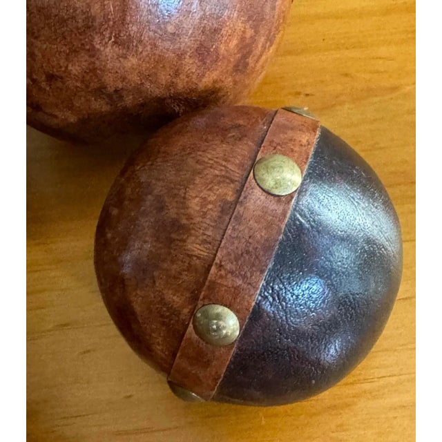 Wood Late 20th Century Brass Studded Leather Clad Wood Decorative Balls Spheres Orbs- Set of 4 For Sale - Image 7 of 11