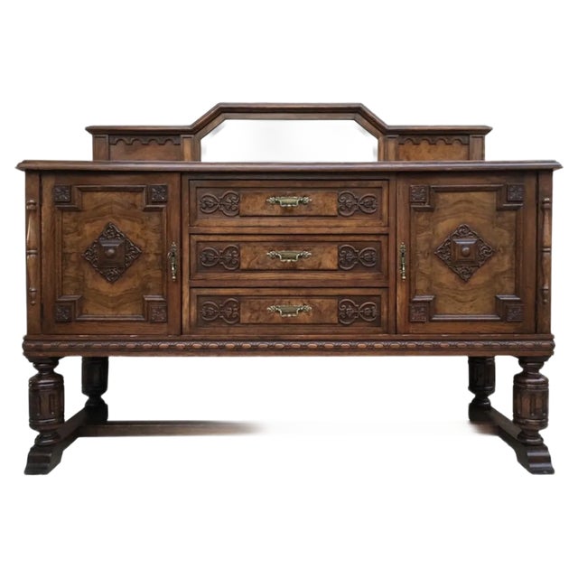 Large 19th Century Catalan Spanish Buffet with Drawers and Mirror Crest For Sale