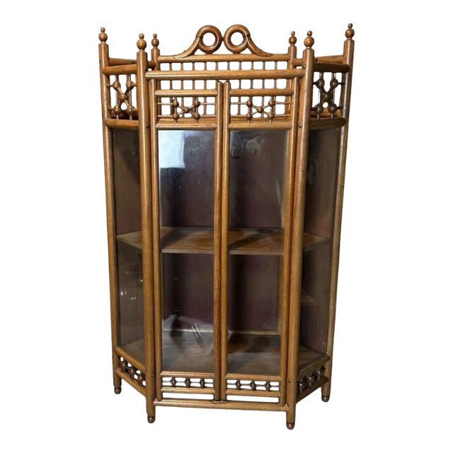 Antique Victorian Oak Stick & Ball Curio Cabinet China Display Case 35” X 21” For Sale