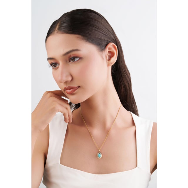 Turquoise Art Deco 1.43ct Turquoise & Baguette Diamond Halo Pendant in 14k Gold For Sale - Image 8 of 14