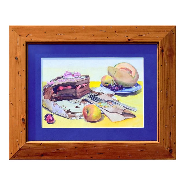 Late 20th Century Vintage Original Watercolor Still Life Painting of Cake and Fruit For Sale