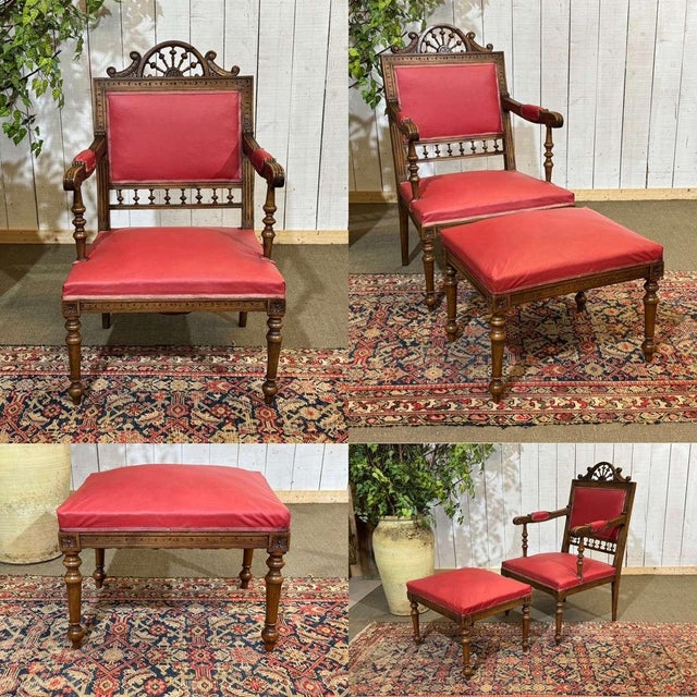 Breton armchair and footstool from the 1930s, set in walnut - Armchair L=61cm D=55cm HD=1m HA=42cm.
