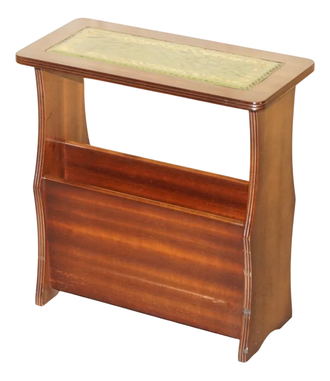Vintage Side Table with Magazine Rack in Green Leather and Flamed