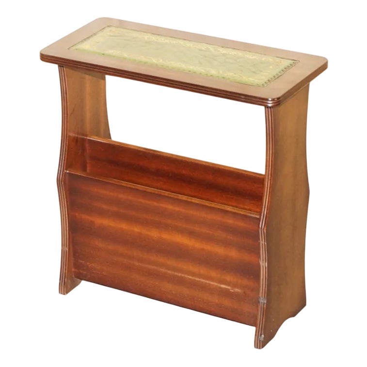 Vintage Side Table with Magazine Rack in Green Leather and Flamed