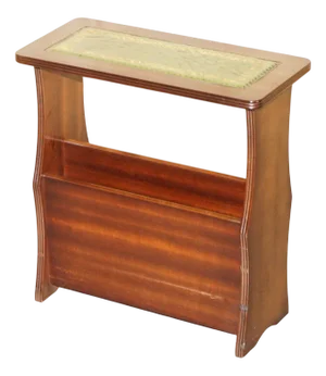 Vintage Side Table with Magazine Rack in Green Leather and Flamed Hardwood