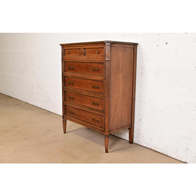 French Kent Coffey French Regency Louis XVI Carved Cherry and Burl Wood Highboy Dresser, Circa 1960s For Sale - Image 3 of 16