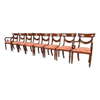 Baker Furniture Style English Regency Carved Mahogany Dining Chairs, Set of Eight For Sale