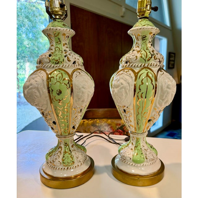 Baroque Vintage Capodimonte Italian Porcelain Table Lamps Mid Century 1960s Model 301 Hollywood Regency Relief Urn - a Pair For Sale - Image 3 of 11