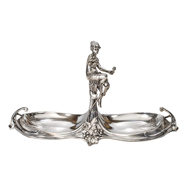 Italian Art Nouveau Pewter Figural Double Candy Dish For Sale