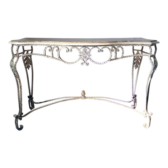 56" Travertine + Wrought Metal Swedish Gustavian Style Console Table For Sale