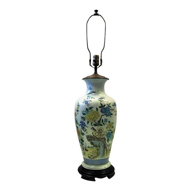 Vintage Chinoiserie Hand Painted Vase With Asian Floral Designs Table Lamp For Sale