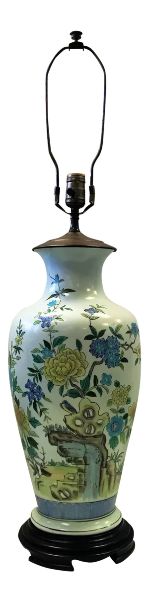 Vintage Chinoiserie Hand Painted Vase With Asian Floral Designs Table Lamp