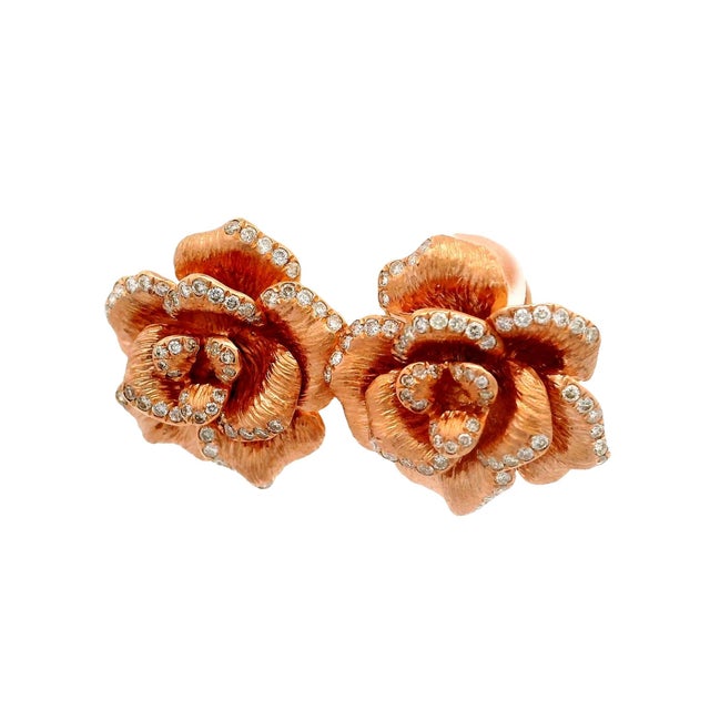 Contemporary Diamond 18k Rose Gold Rose Motif Earrings, A Pair For Sale - Image 3 of 6