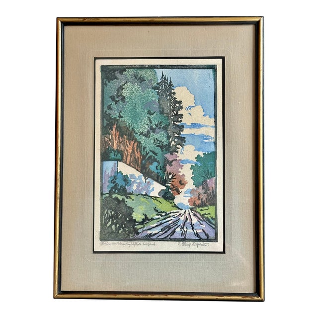 Vintage Framed Early 20th Century Landscape Woodblock Print For Sale