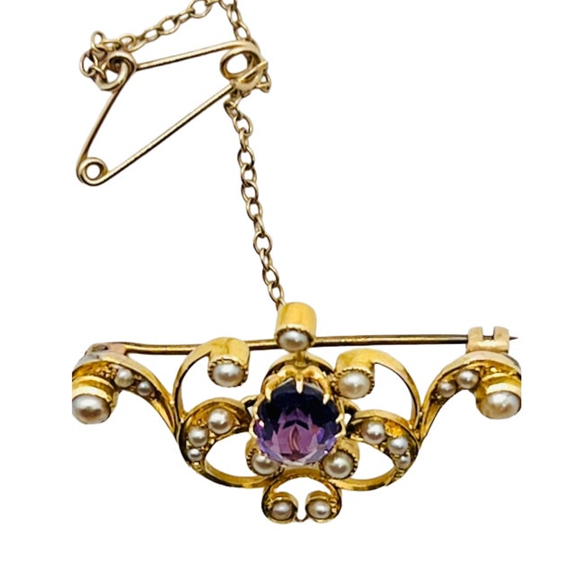 Gold Antique 15ct Gold, Amethyst and Seed Pearl Scroll Brooch, England, Edwardian Period, 1900s For Sale - Image 8 of 15