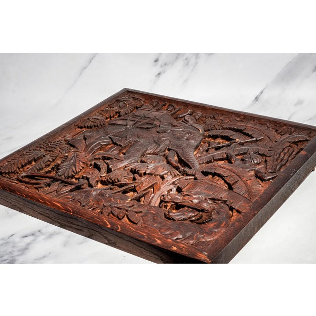 Fascinated Large Antique Colonial India Hand Carved Wood Plaque Anglo-Indian Elephant Tiger Safari Wall Panel British Raj Art Home Decor For Sale - Image 14 of 16