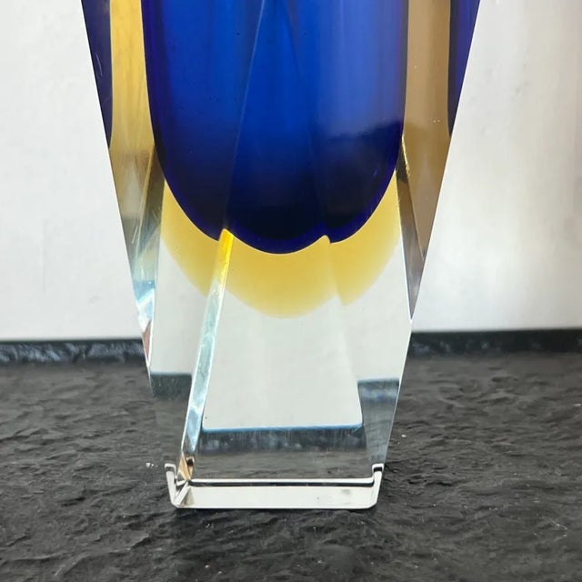 Vintage Murano Sommerso Glass Vase With Geometric Cut Edges