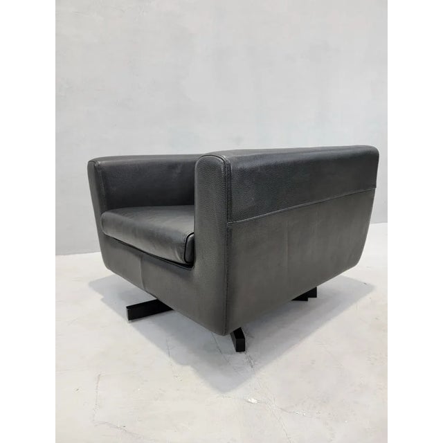 Early 21st Century Mid Century Modern Roche Bobois Swivel Lounge Chair in Black Leather For Sale - Image 5 of 10