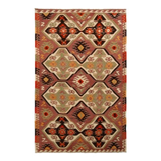 1950s Handwoven Vintage Tribal Kilim Rug in Pink and Green Geometric Pattern For Sale