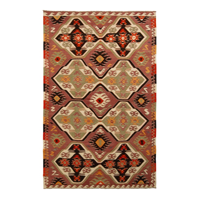 1950s Handwoven Vintage Tribal Kilim Rug in Pink and Green Geometric Pattern For Sale
