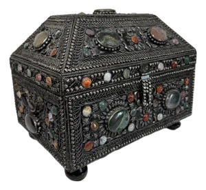 Vintage Moorish Agate Inlaid Silver Filigree Jewelry Trinket Box Treasure Chest