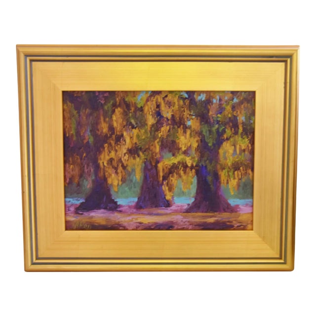 Southern Spanish Moss Oak Trees Landscape Oil Painting Including the Antiqued Gold Wood Frame For Sale