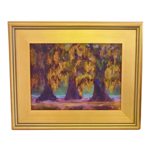 Southern Spanish Moss Oak Trees Landscape Oil Painting Including the Antiqued Gold Wood Frame