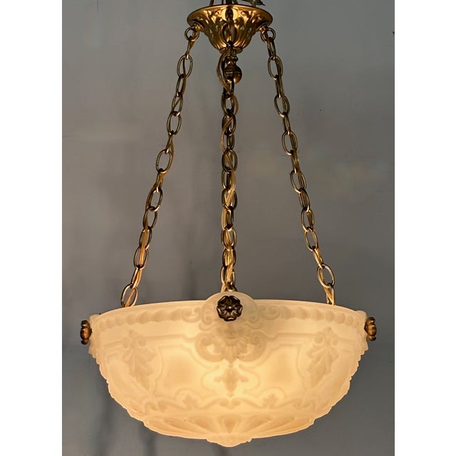 Neoclassical Style Cast Glass and Brass Pendant Light Fixture, Circa 1910 For Sale - Image 4 of 9