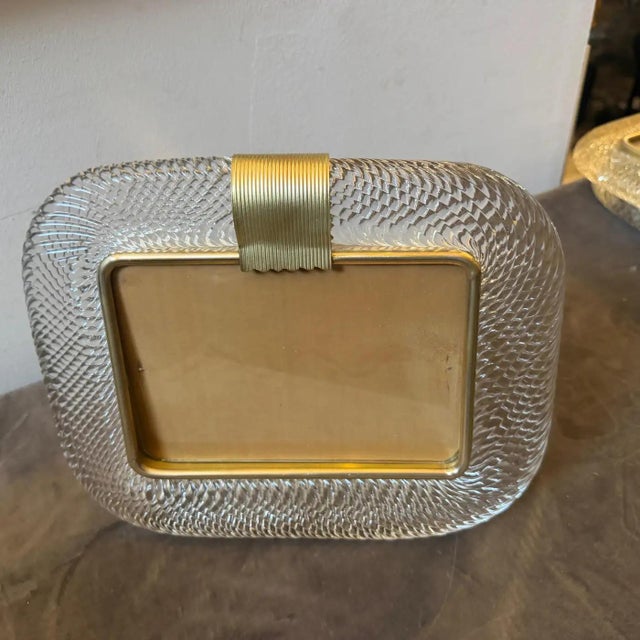 1990s Barovier Style Art Deco Murano Glass and Brass Horizontal Picture Frame For Sale - Image 9 of 11