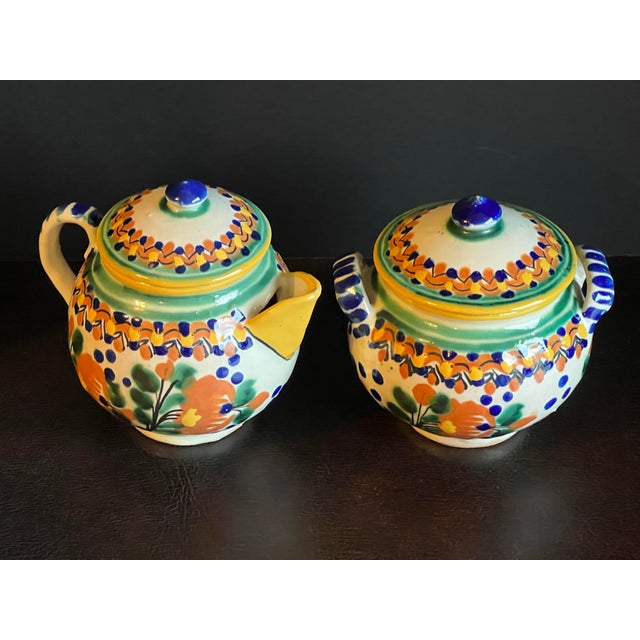 Mexican Early 20th Century Signed Ysauro Uriarte Mexican Talavera Sugar and Creamer For Sale - Image 3 of 12