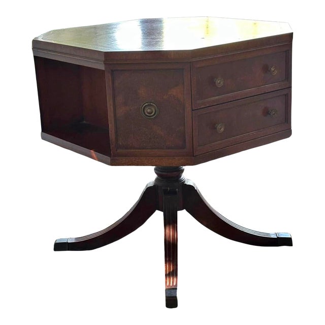 Vintage Henredon Leather Topped Rotating Table With Drawers For Sale