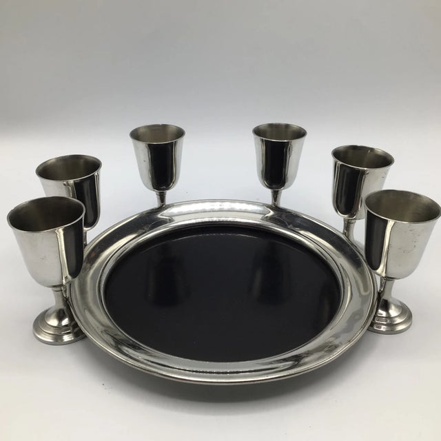 Pewter Eales of Sheffield Serving Tray and 6 English Pewter Stemmed Aperitif Glasses - Set of 7 For Sale - Image 13 of 13