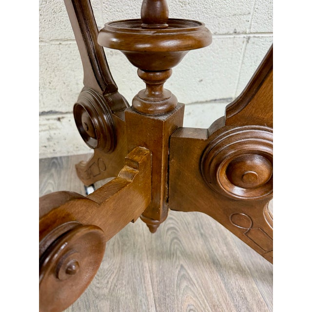 Wood Antique W & M Salmans Victorian Eastlake Carved Oak Trestle Base Library Table For Sale - Image 7 of 10