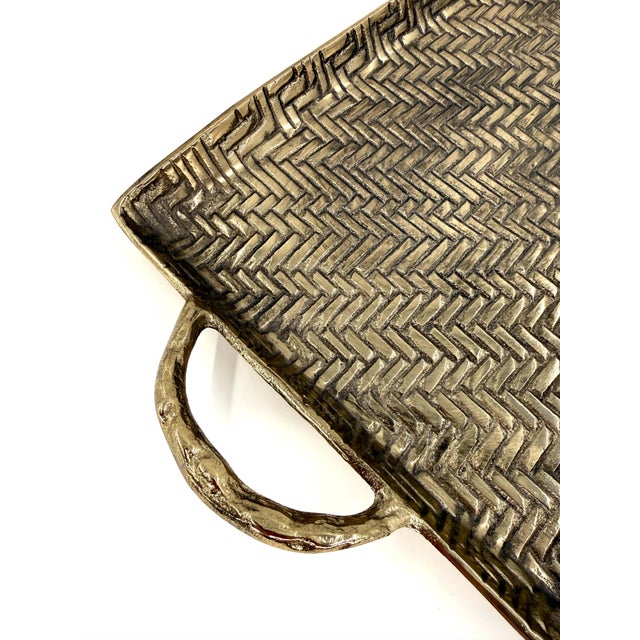 2020s Large Indian Textured Antique Gold Forged in Herringbone Serving Tray With Handles For Sale - Image 5 of 11