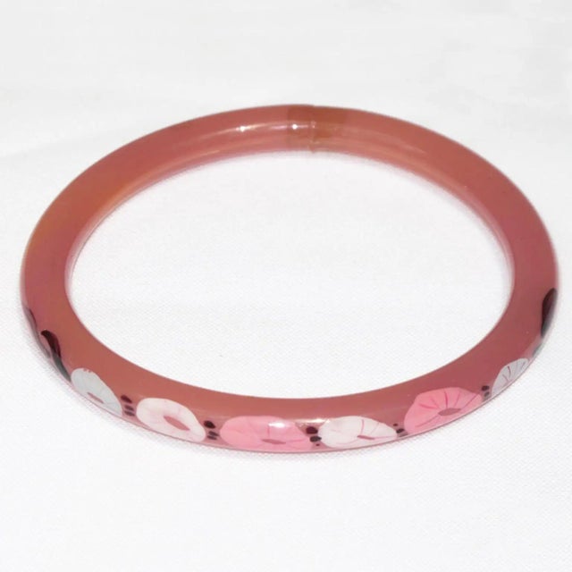 French Art Deco Pink Celluloid Bracelet Bangle with Floral Design For Sale - Image 4 of 7