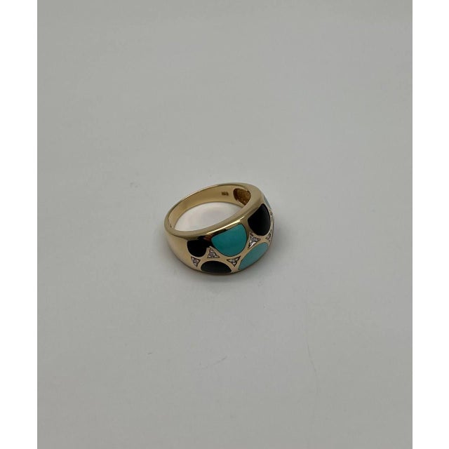 Modern Blue Teal Turquoise & Black Onyx Diamonds 14k Yellow Gold Statement Dome Ring, Size 7 For Sale - Image 3 of 10